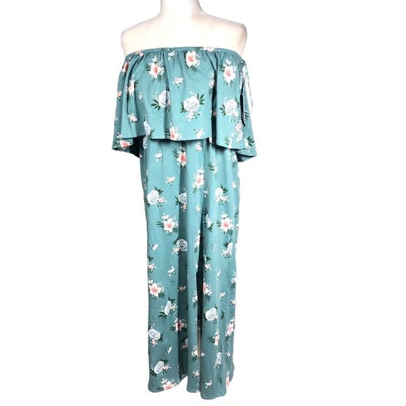 O'Neill Dress Womens 2X Green Floral Ruffle Kole Strapless Off Shoulder Maxi - Picture 3 of 13